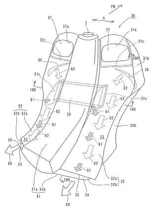 Estructura de guía de aire en protector de piernas de vehículo de motor.