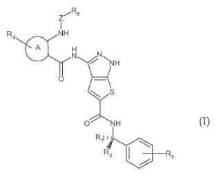 Compuestos de 1H-tieno[2,3-c]-pirazol útiles como inhibidores de cinasas.