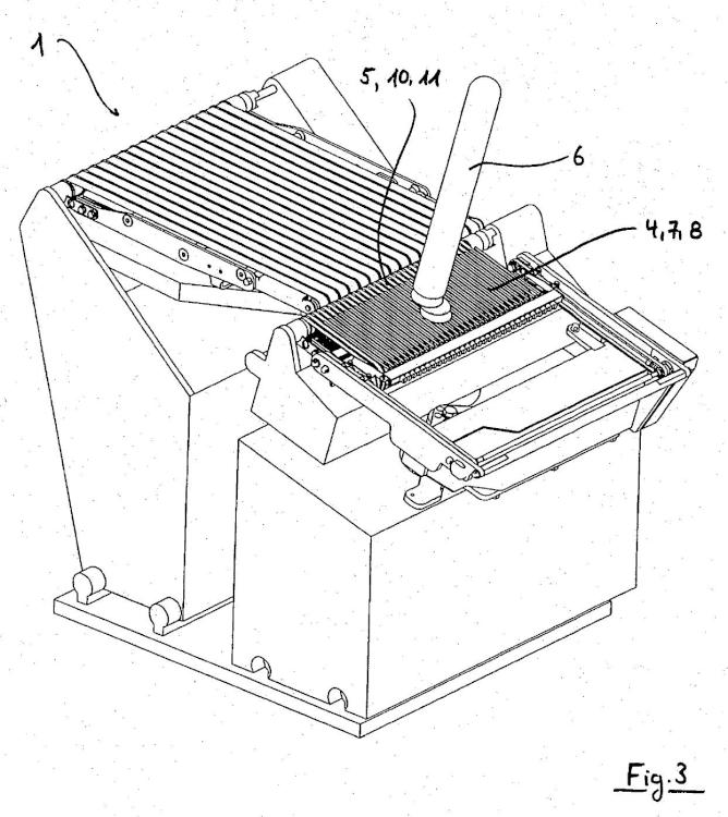 Ilustración 3 de la Galería de ilustraciones de Procedimiento y dispositivo para cortar en rodajas de una barra extruida de alimento
