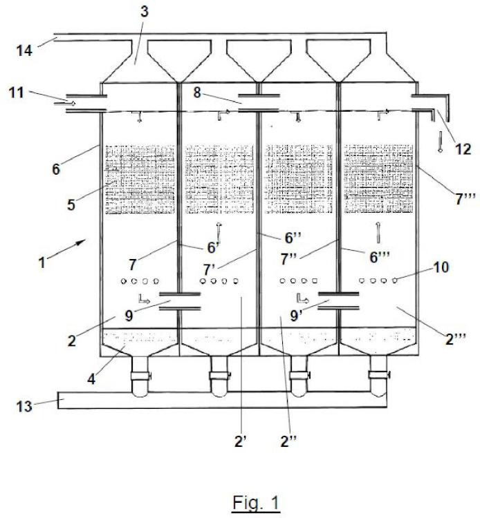 Dispositivo multicompartimental para tratamiento de aguas residuales de flujo vertical.