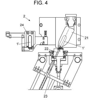 Procedimiento para la fabricación de botellas de cuello inclinado, y máquina para la puesta en práctica de dicho procedimiento.