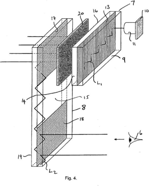 Ilustración 4 de la Galería de ilustraciones de Dispositivo de visualización por proyección con dos guías de onda coplanares en forma de placa que incluyen rejillas