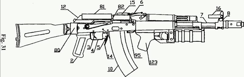 Arma automática con disparador auxiliar en la culata plegable que permite que el arma también pueda ser disparada en configuración bullpup.