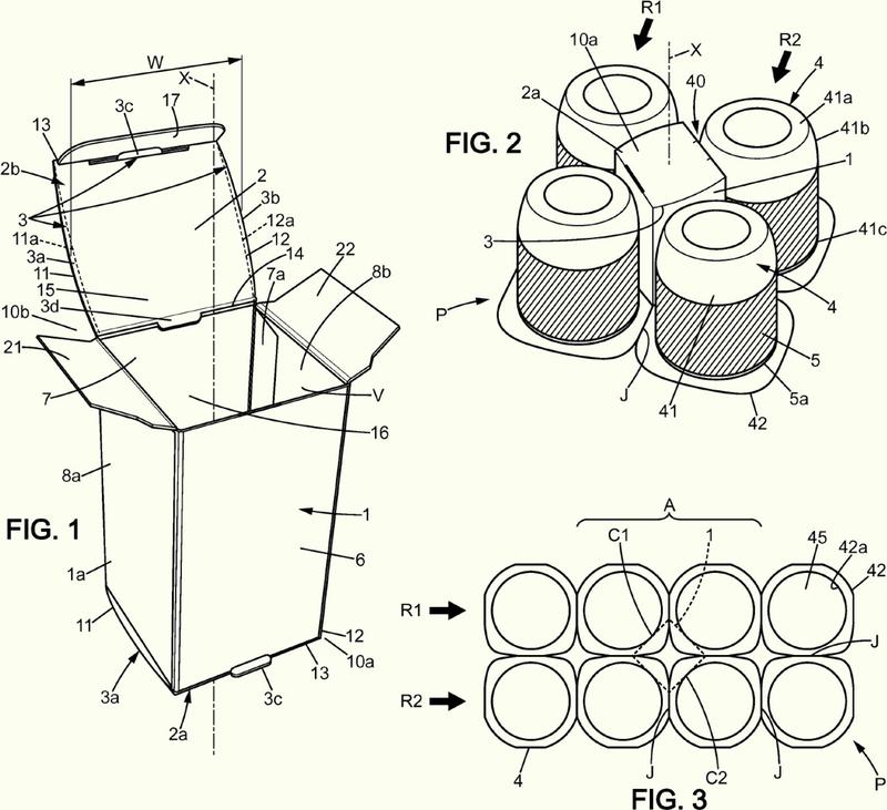 Caja y paquete que comprende la caja entre cuatro vasos.